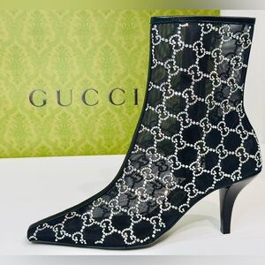 Gucci Demi GG Crystal Black Mesh Motif Ankle Boots Size EU-37.5 RETAIL $2950